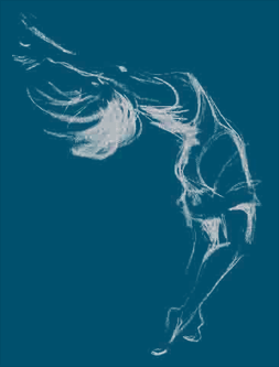 sketch of dancer surging forward with hips leading, hair flying back, and fingers and toes trailing behind